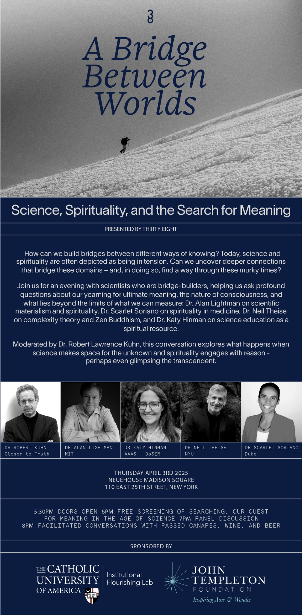 Event poster titled A Bridge Between Worlds: Science, Spirituality, and the Search for Meaning