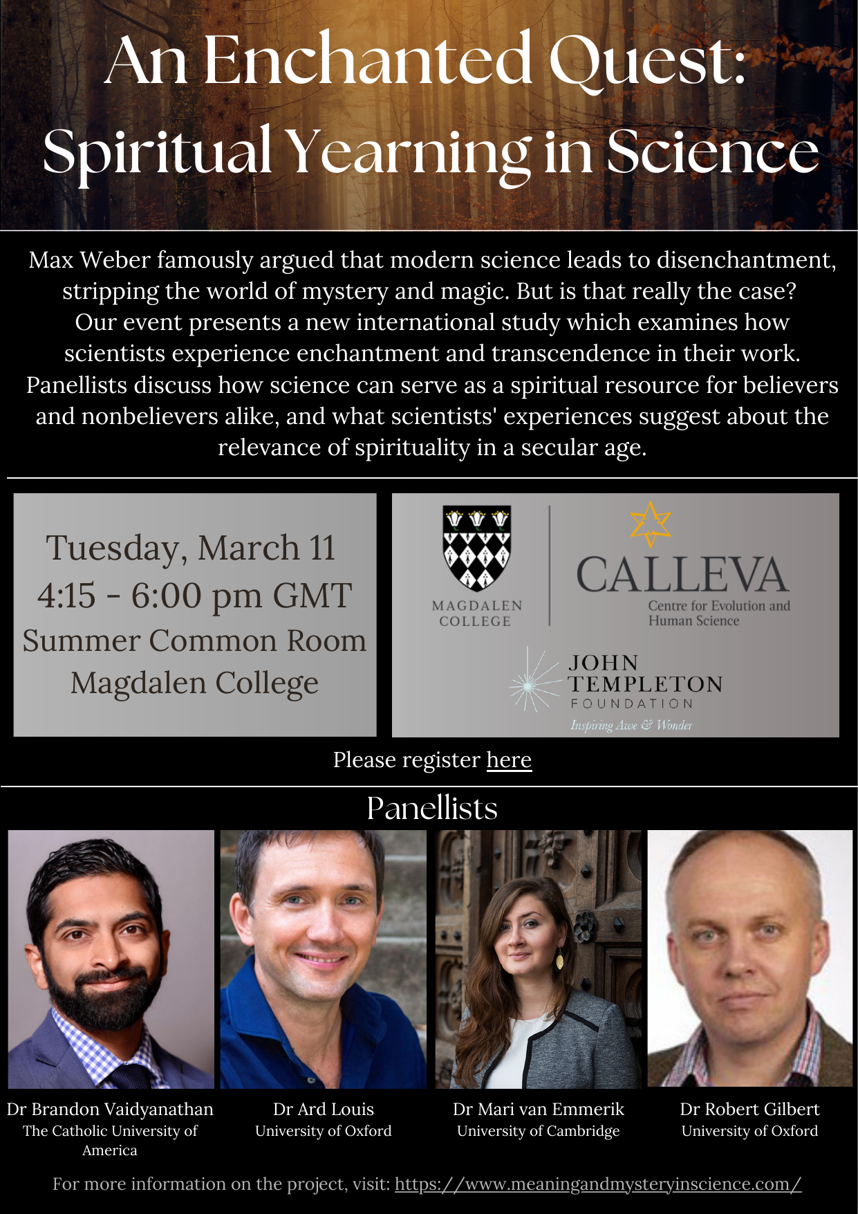 Poster for An Enchanted Quest: Spiritual Yearning in Science at Magdalen College