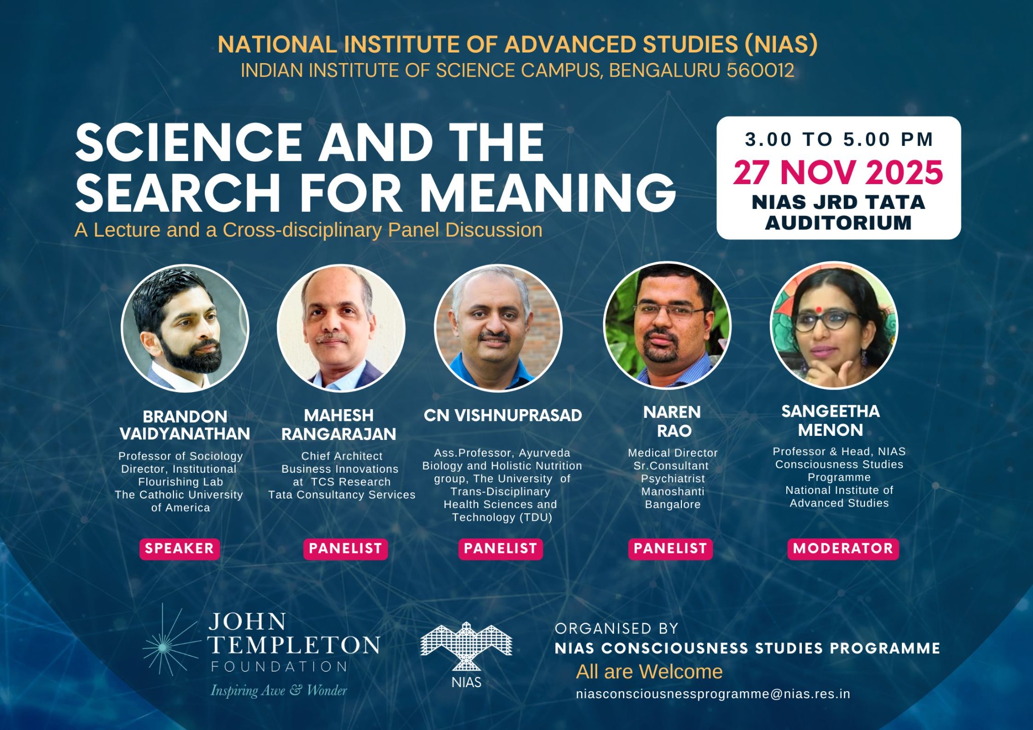 Poster for Science and the Search for Meaning at the National Institute of Advanced Studies in Bengaluru