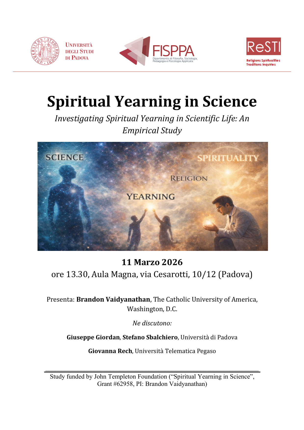 Poster for Spiritual Yearning in Science at the University of Padova